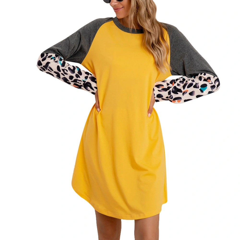 Short Dress Round Neck Stylish Color Block Leopard Print Stitching Casual Fit Dress for Shopping Yellow XL