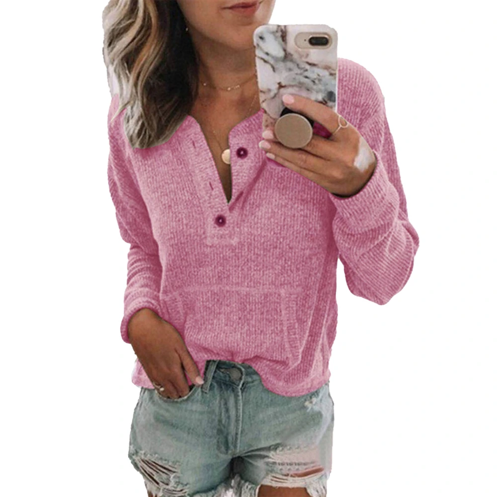 Blouse Long Sleeve V Neck Pocket Button Pure Color Casual Fashionable Top for Women Pink S