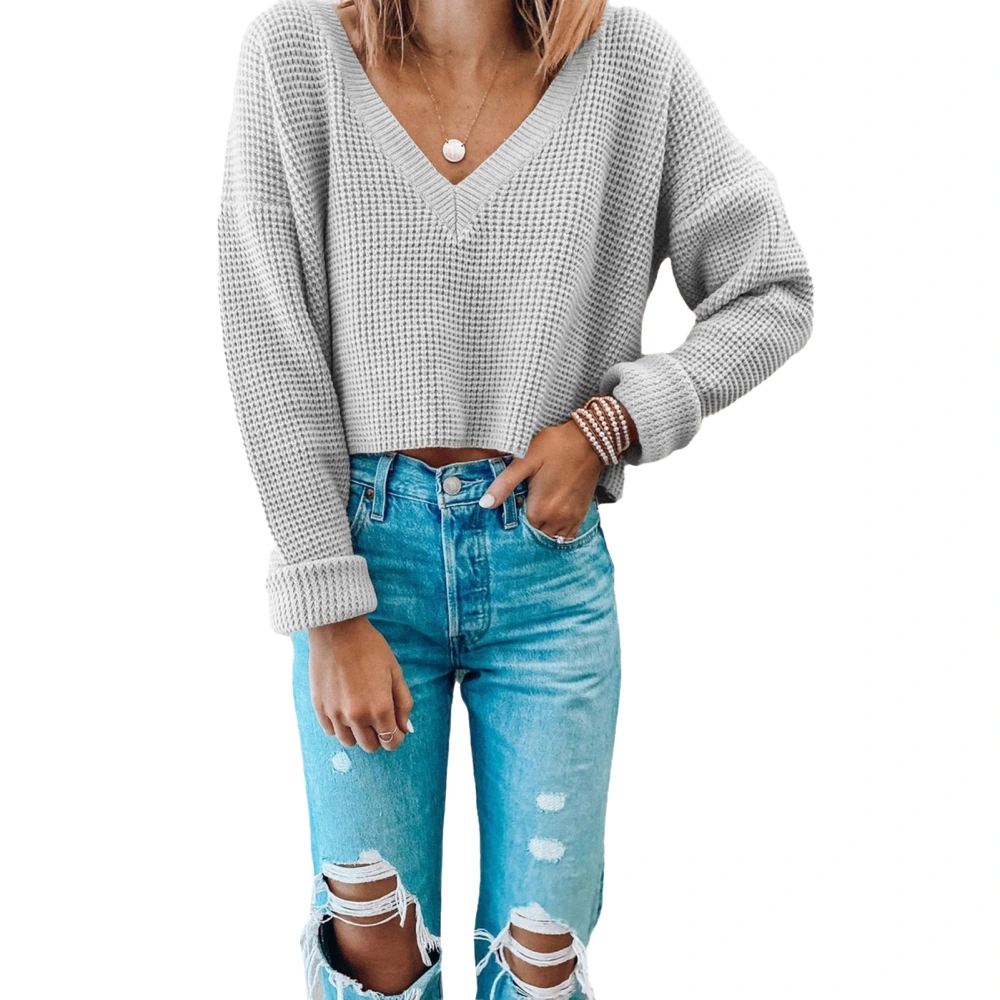 Women Knitted Top Long Sleeve V Neck Drop Shoulder Breathable Loose Short Sweater for Lady Grey XL