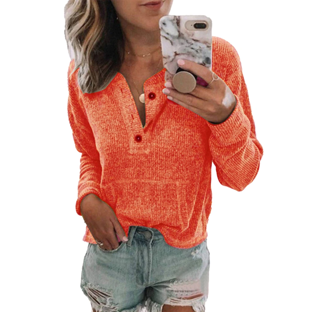 Blouse Long Sleeve V Neck Pocket Button Pure Color Casual Fashionable Top for Women Orange S