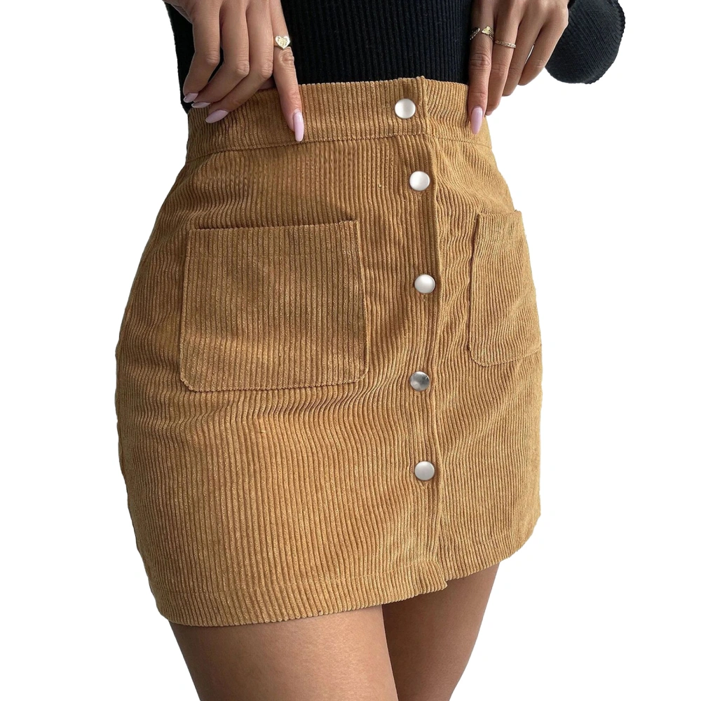 Women Corduroy Mini Short Skirt A Line High Waist Slim Fit Button with Pockets for Fall Winter Ginger M