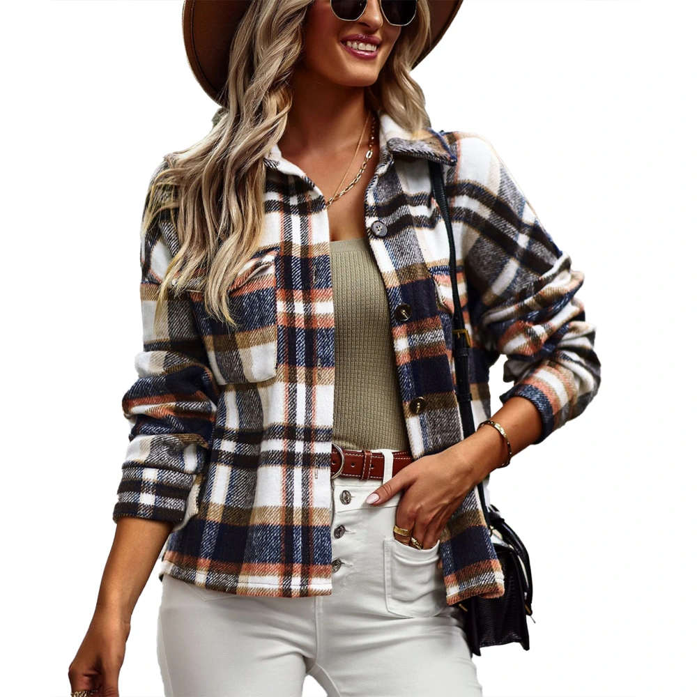 Women Plaid Long Sleeve Shirt Coat Casual Collared Button Down Blouse Top for Daily Wear Purplish Blue S