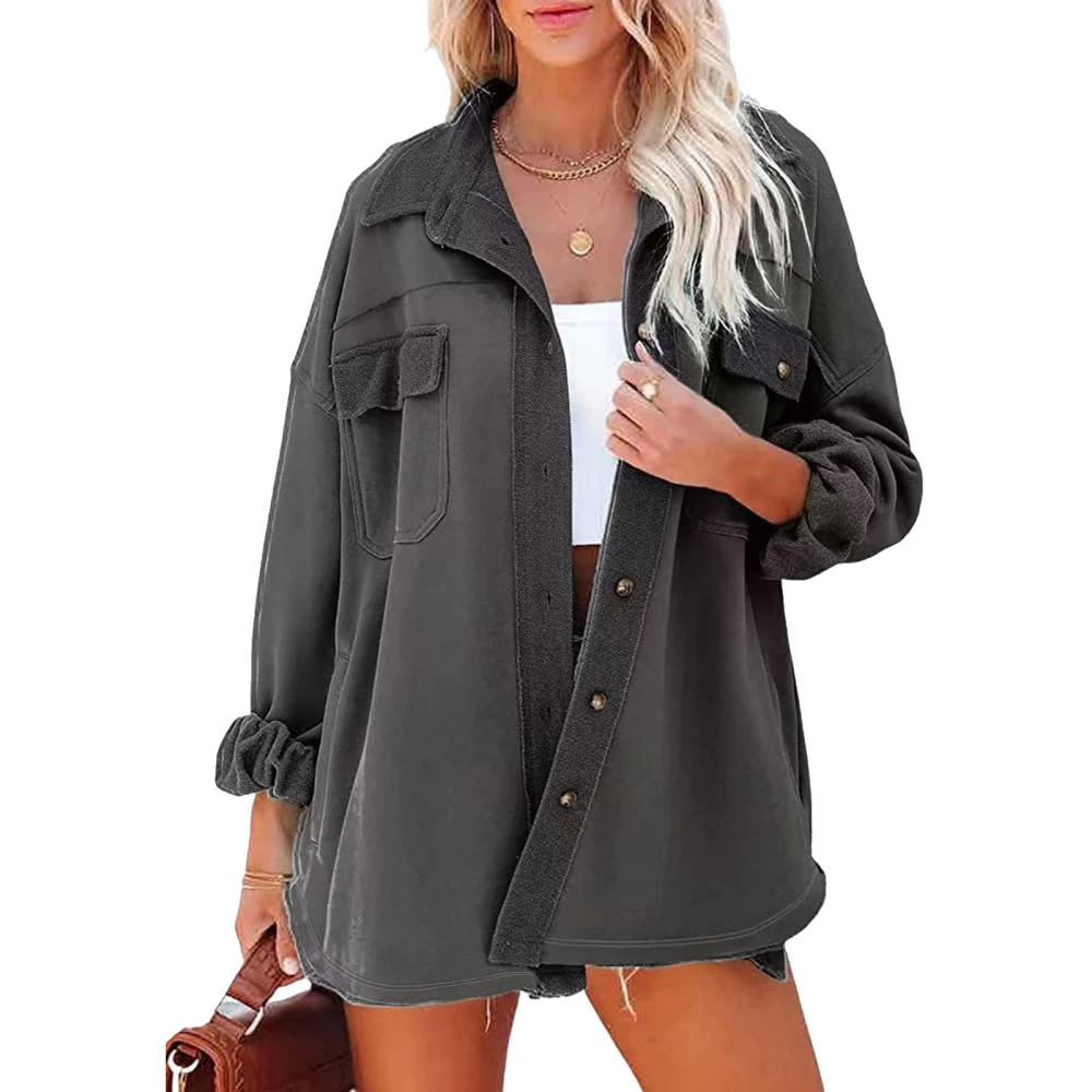 Cardigan Shirt Long Sleeve Lapel Pocket Button Pure Color Casual Fashionable Top for Women Dark Gray L