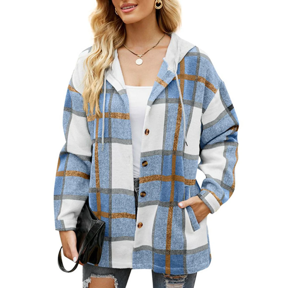 Women Cardigan Sweatshirt Stylish Casual Autumn Winter Color Blocking Plaid Women Casual Hooded Sweatshirt Light Blue XL