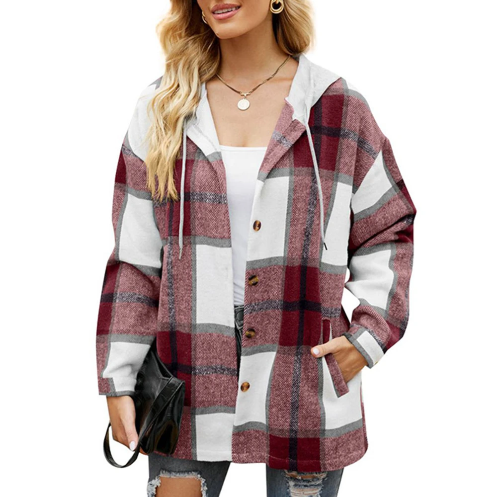 Women Cardigan Sweatshirt Stylish Casual Autumn Winter Color Blocking Plaid Women Casual Hooded Sweatshirt Wine Red L