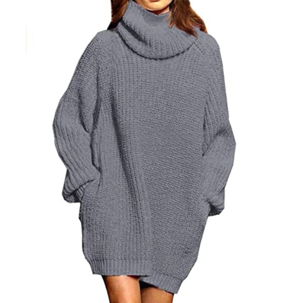 Turtleneck Sweater Dress Long Sleeve Pullover Dress Oversized Pure Color Sweater for Women Grey M