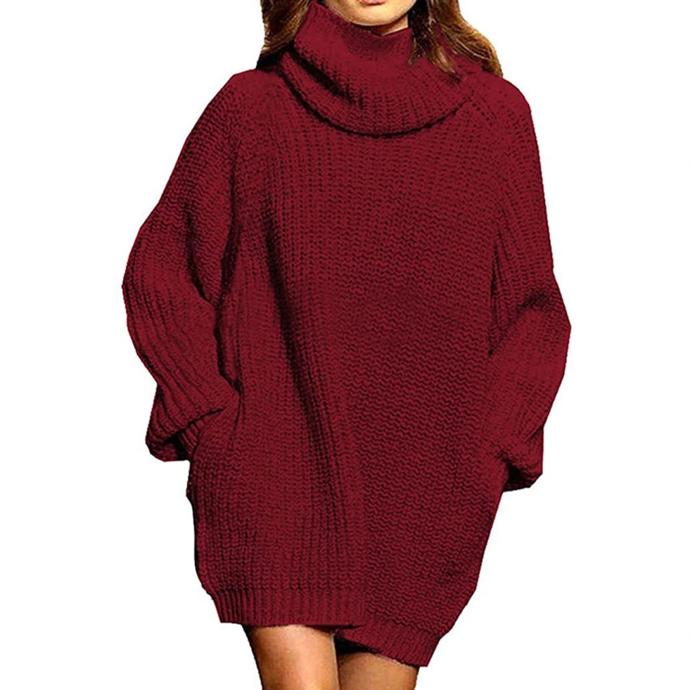 Turtleneck Sweater Dress Long Sleeve Pullover Dress Oversized Pure Color Sweater for Women Wine Red L