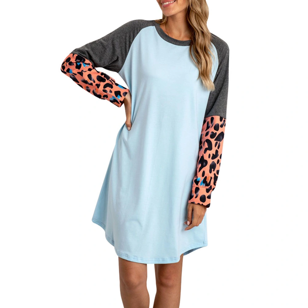 Short Dress Round Neck Stylish Color Block Leopard Print Stitching Casual Fit Dress for Shopping Blue S