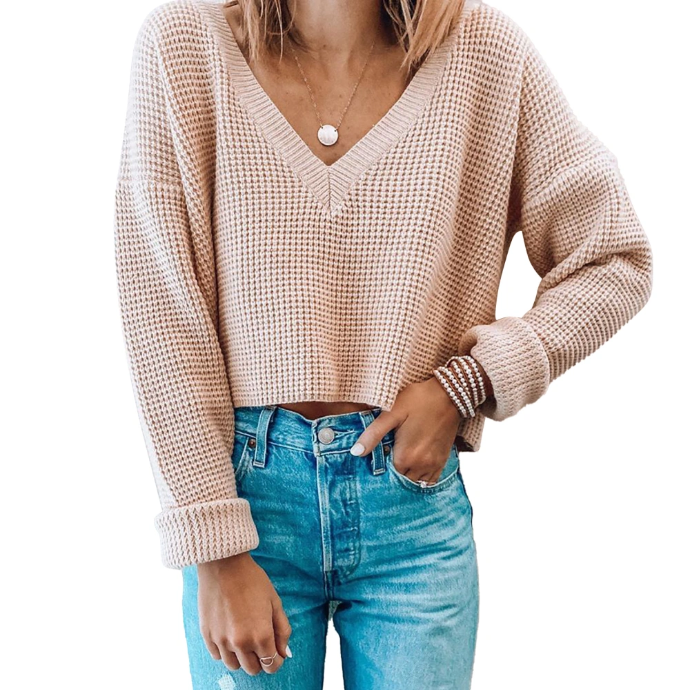 Women Knitted Top Long Sleeve V Neck Drop Shoulder Breathable Loose Short Sweater for Lady Apricot M