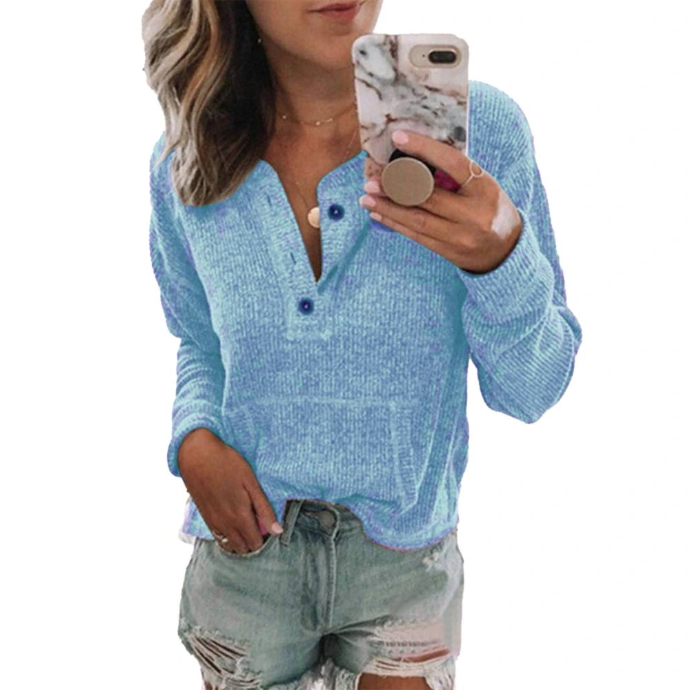 Blouse Long Sleeve V Neck Pocket Button Pure Color Casual Fashionable Top for Women Lake Blue S