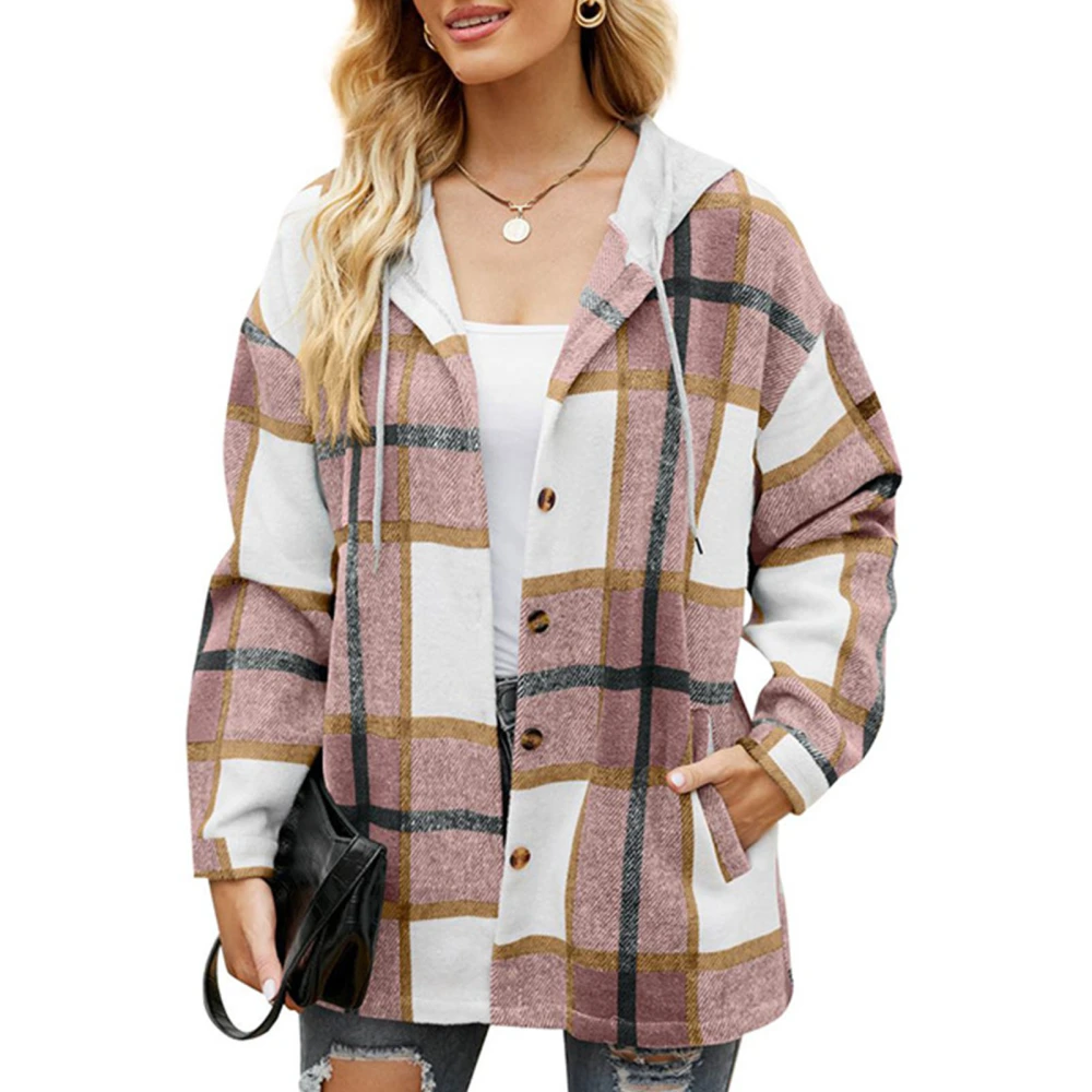 Women Cardigan Sweatshirt Stylish Casual Autumn Winter Color Blocking Plaid Women Casual Hooded Sweatshirt Pink S