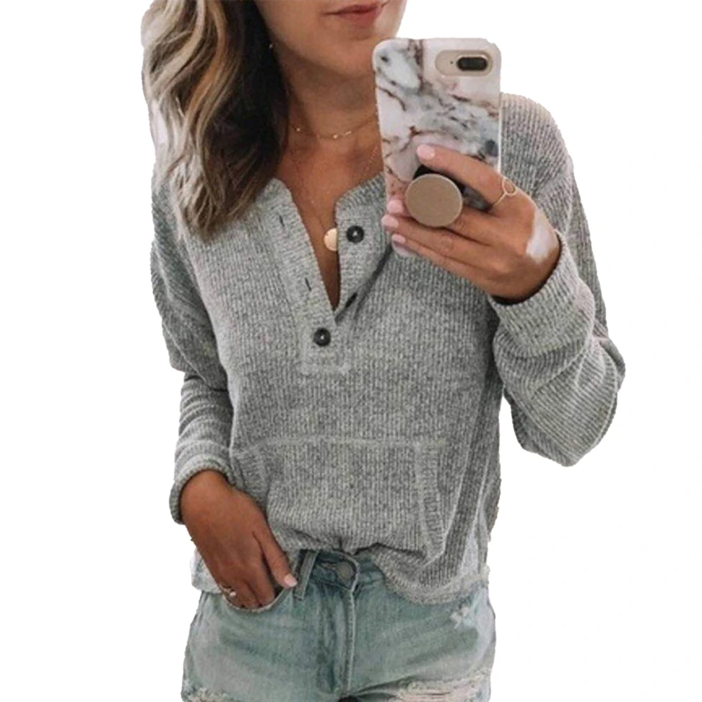 Blouse Long Sleeve V Neck Pocket Button Pure Color Casual Fashionable Top for Women Grey XL