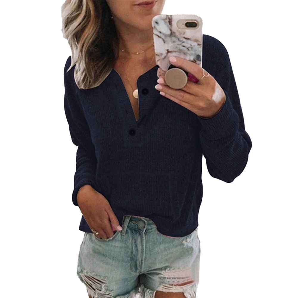 Blouse Long Sleeve V Neck Pocket Button Pure Color Casual Fashionable Top for Women Purplish Blue M