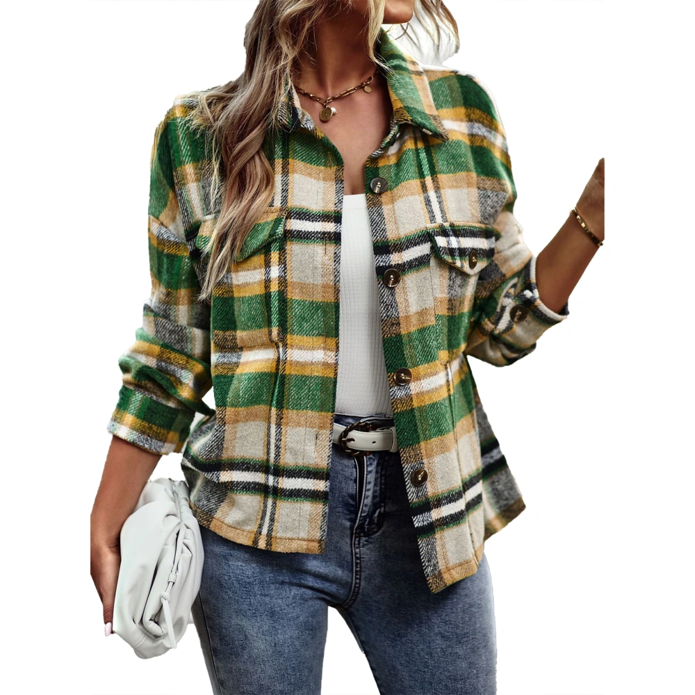 Women Plaid Long Sleeve Shirt Coat Casual Collared Button Down Blouse Top for Daily Wear Green M