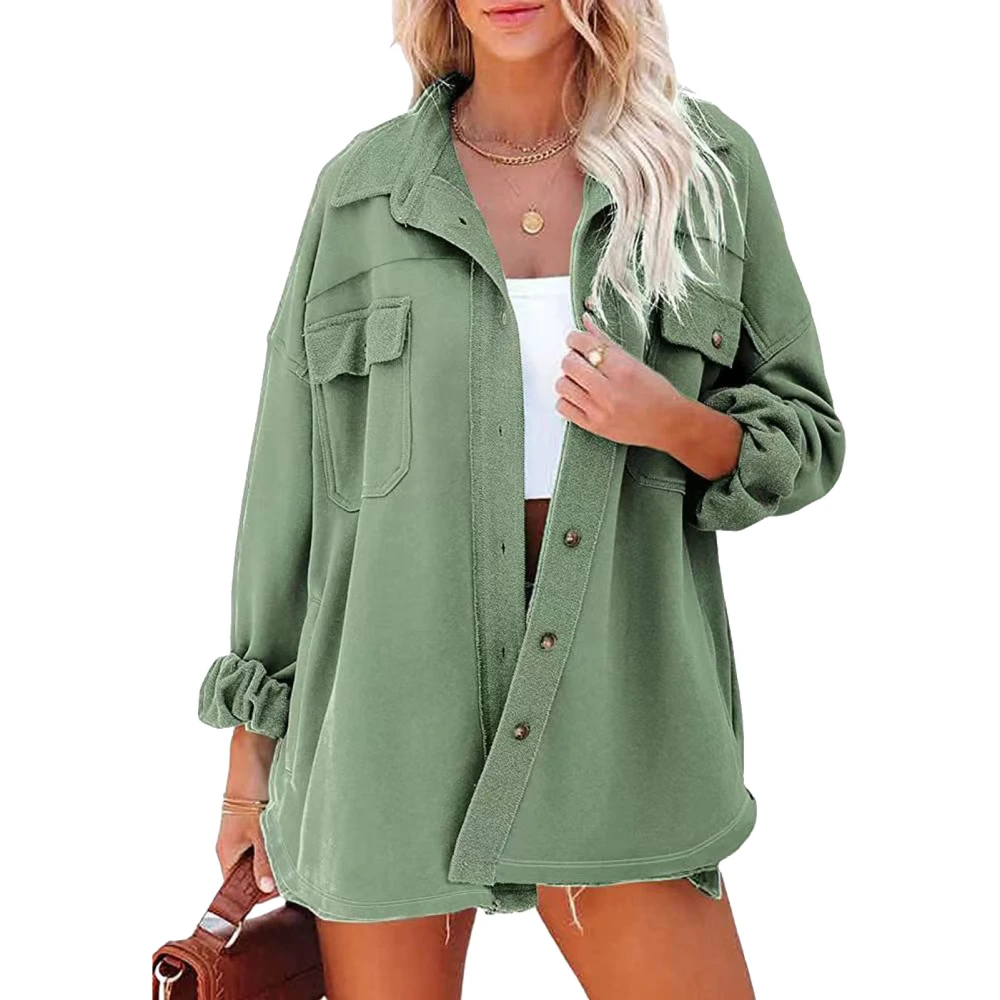 Cardigan Shirt Long Sleeve Lapel Pocket Button Pure Color Casual Fashionable Top for Women Green M