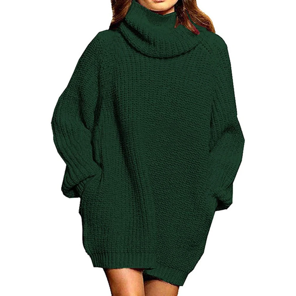 Turtleneck Sweater Dress Long Sleeve Pullover Dress Oversized Pure Color Sweater for Women Green L