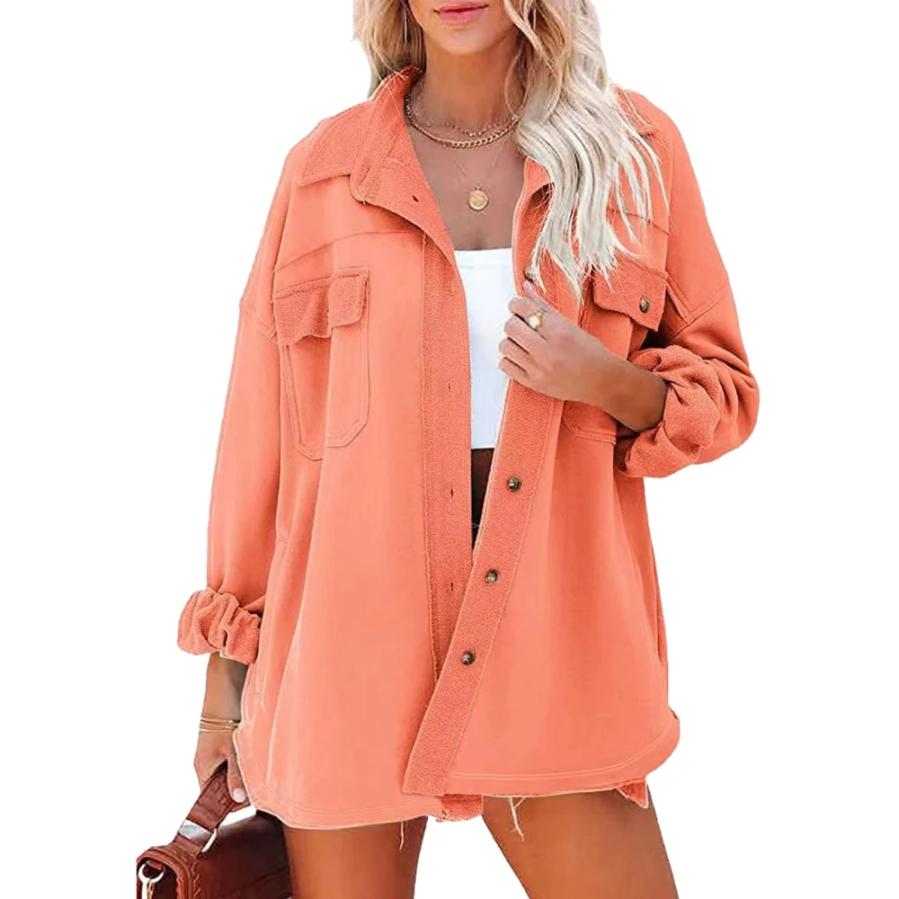 Cardigan Shirt Long Sleeve Lapel Pocket Button Pure Color Casual Fashionable Top for Women Coral Red XL