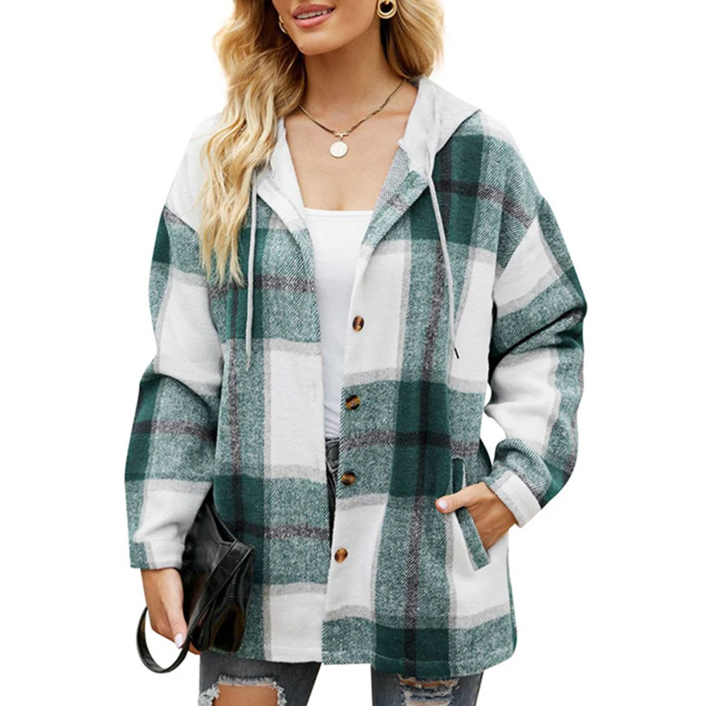 Women Cardigan Sweatshirt Stylish Casual Autumn Winter Color Blocking Plaid Women Casual Hooded Sweatshirt Green S