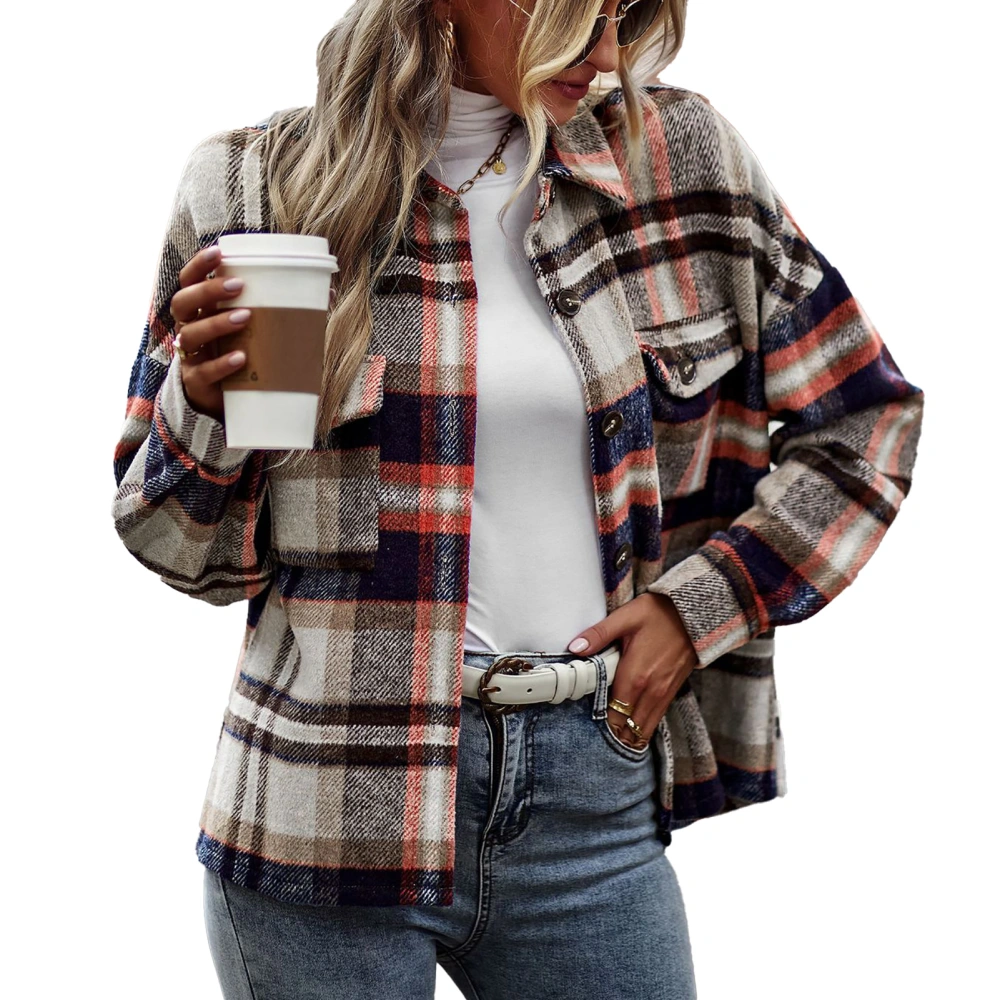 Women Plaid Long Sleeve Shirt Coat Casual Collared Button Down Blouse Top for Daily Wear Coffee Color XL