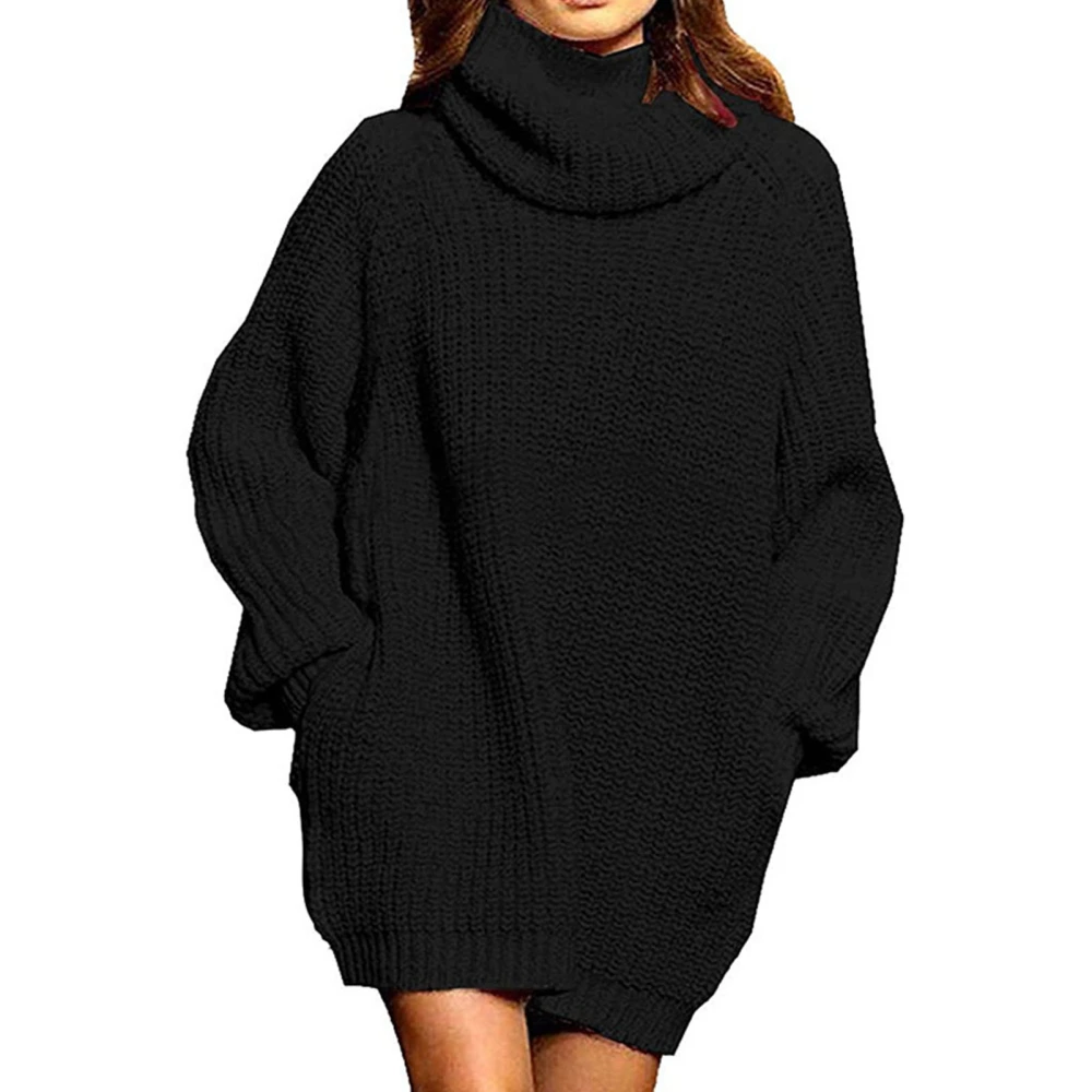 Turtleneck Sweater Dress Long Sleeve Pullover Dress Oversized Pure Color Sweater for Women Black L