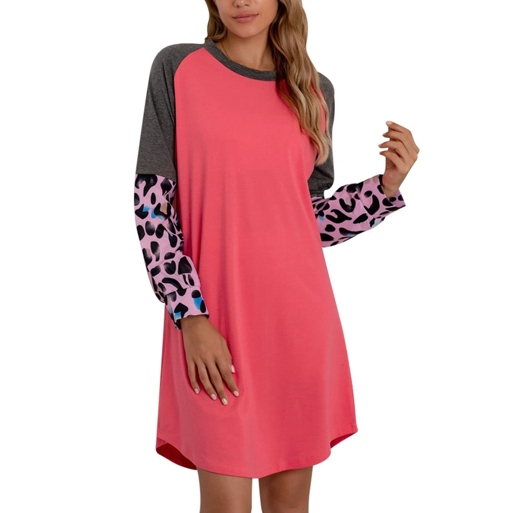 Short Dress Round Neck Stylish Color Block Leopard Print Stitching Casual Fit Dress for Shopping Red XXL