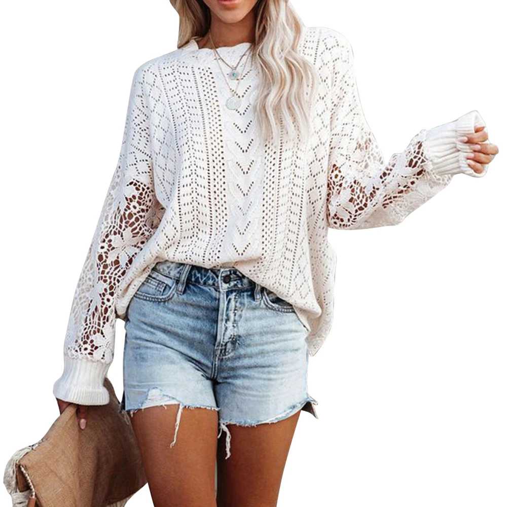 Women Crochet Sweater Crewneck Knit Floral Pattern Long Sleeve Pure Colour for Home Office White XL