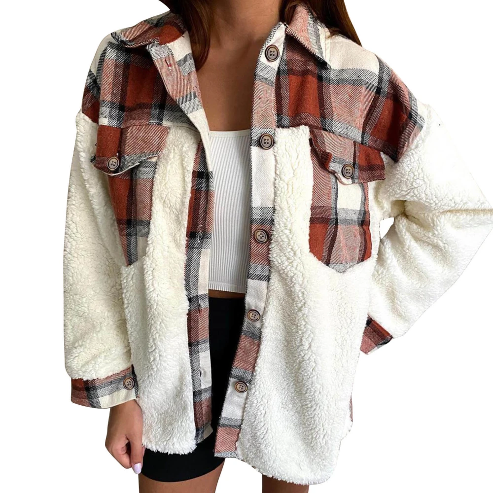 Long Sleeve Plaid Coat Button Print Stitching Pocket Turn Down Collar Lady Loose Fit Coat Brown S