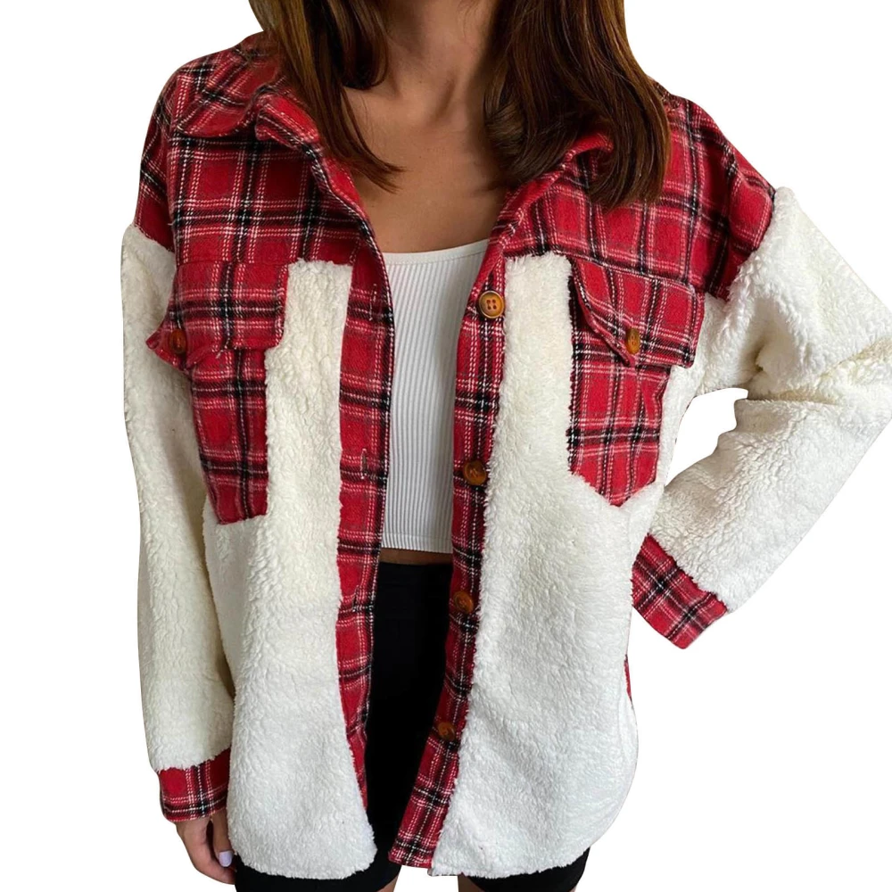 Long Sleeve Plaid Coat Button Print Stitching Pocket Turn Down Collar Lady Loose Fit Coat Red XXL