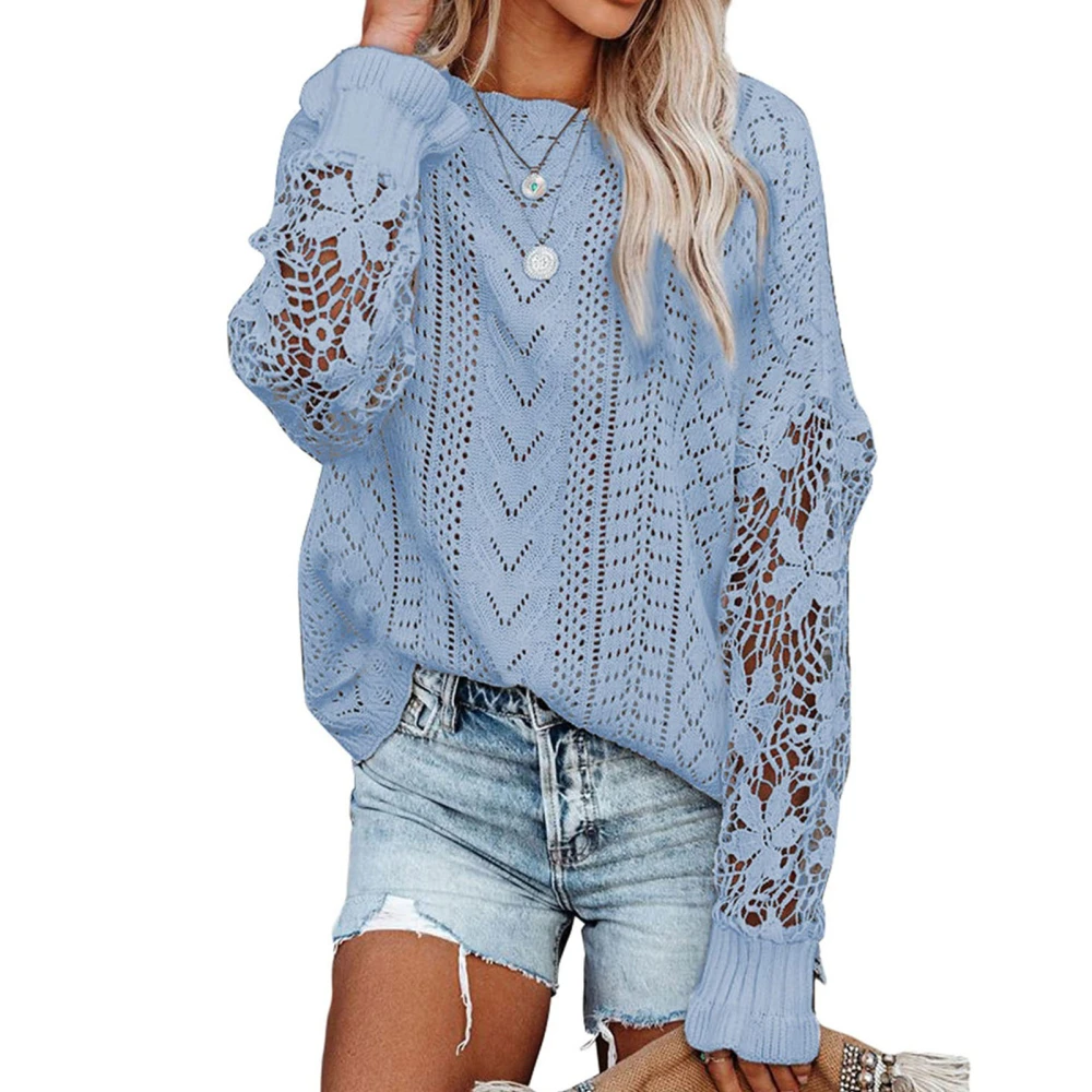 Women Crochet Sweater Crewneck Knit Floral Pattern Long Sleeve Pure Colour for Home Office Light Blue M