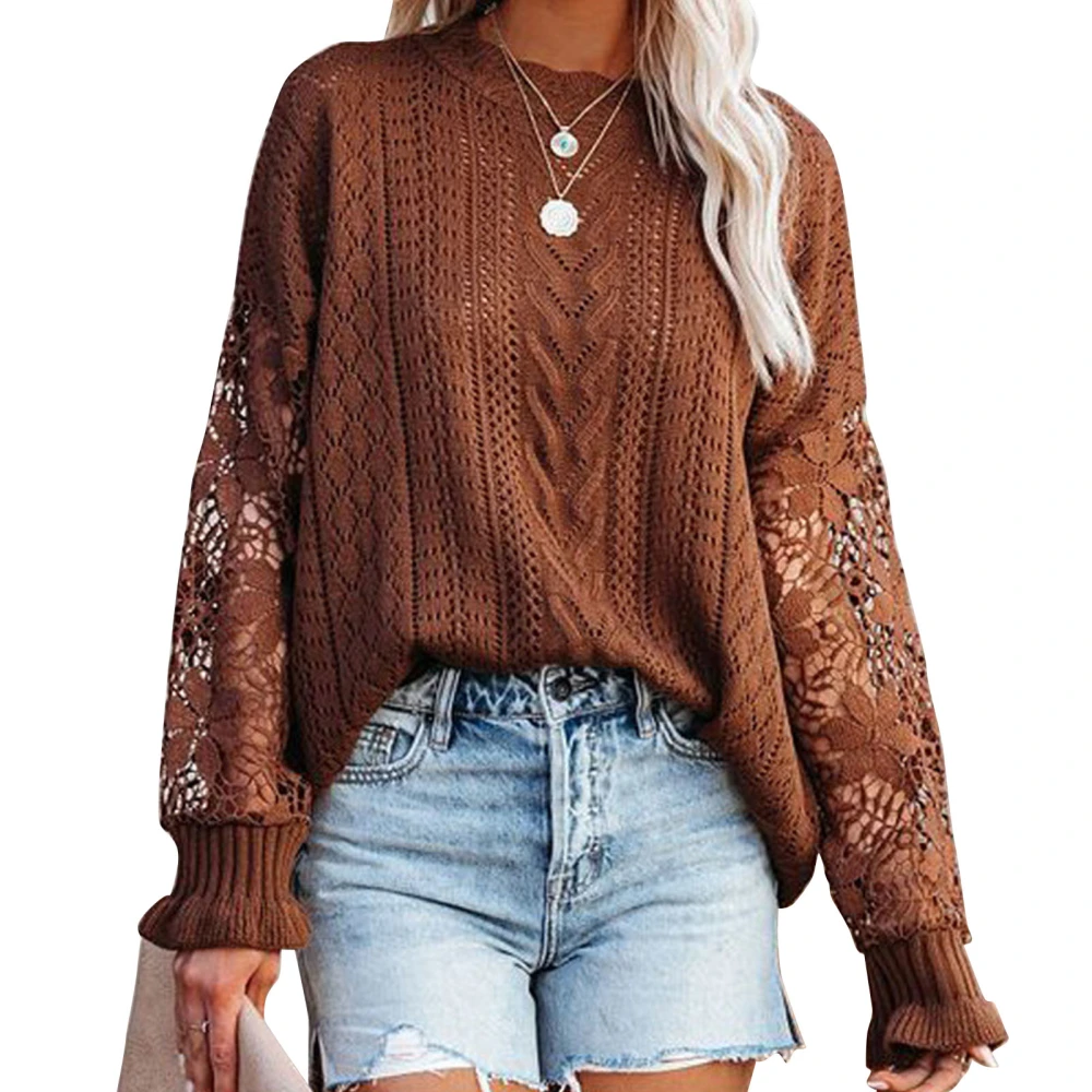 Women Crochet Sweater Crewneck Knit Floral Pattern Long Sleeve Pure Colour for Home Office Brown XXL