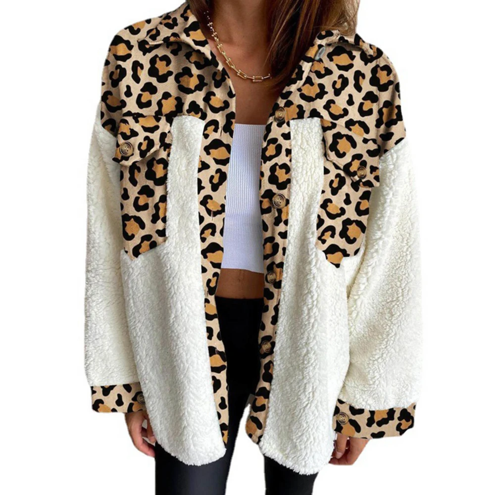 Long Sleeve Plaid Coat Button Print Stitching Pocket Turn Down Collar Lady Loose Fit Coat Yellow Leopard Print XXL