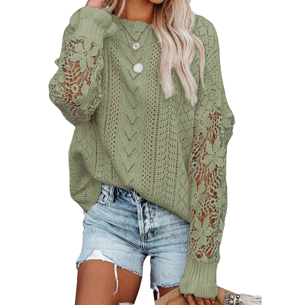 Women Crochet Sweater Crewneck Knit Floral Pattern Long Sleeve Pure Colour for Home Office Green XXL