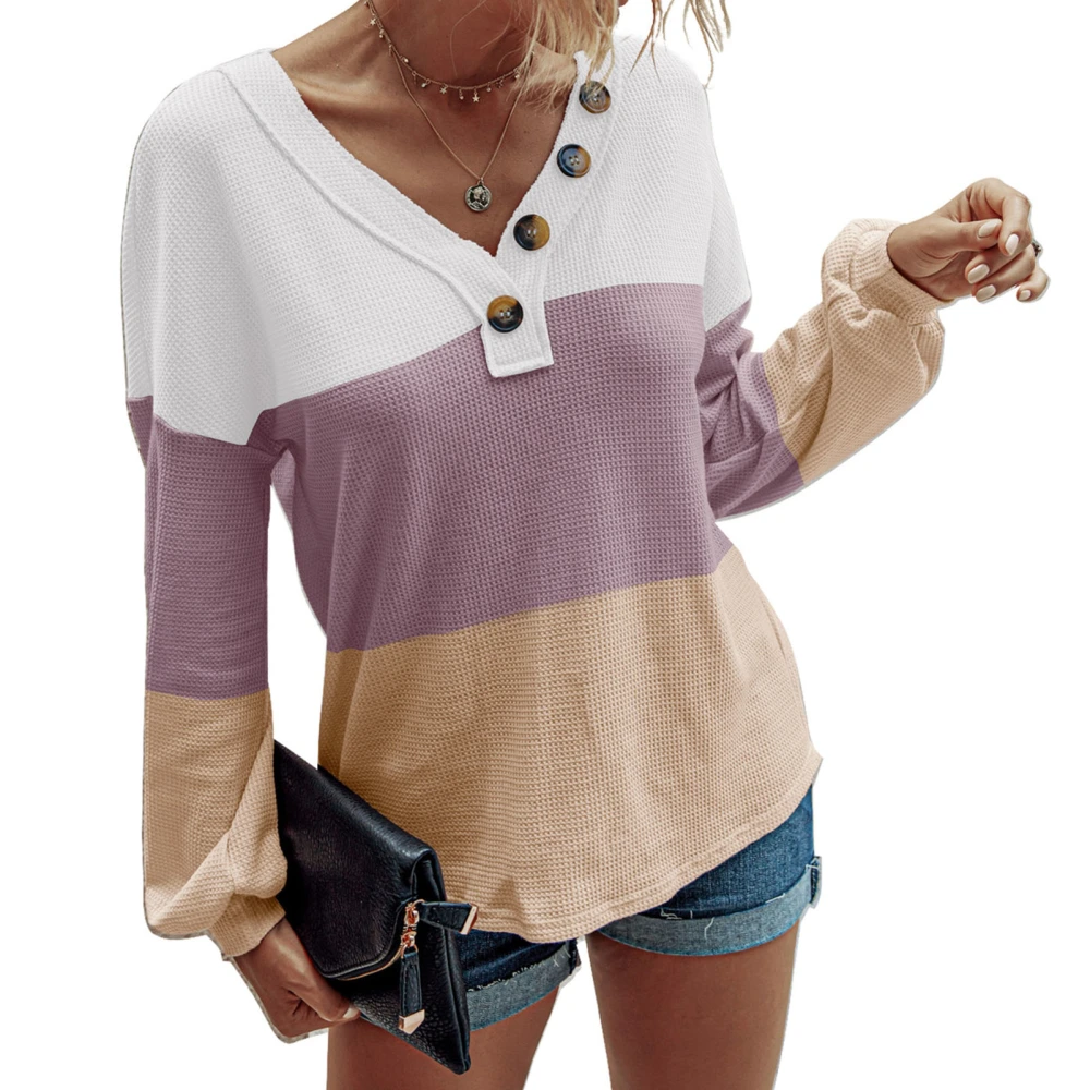 V Neck Women Top Polyester Long Lantern Sleeve Top Button Neckline Decoration Casual Slim Top ZZ203S3146 White M