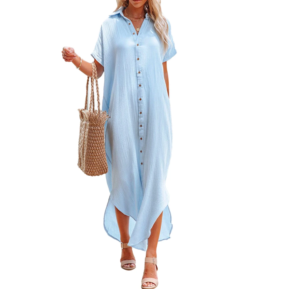 Beach Sun Protection Suit Loose Women Bikini Cover Up Short Sleeve Long Hem Sun Clothing Blue L