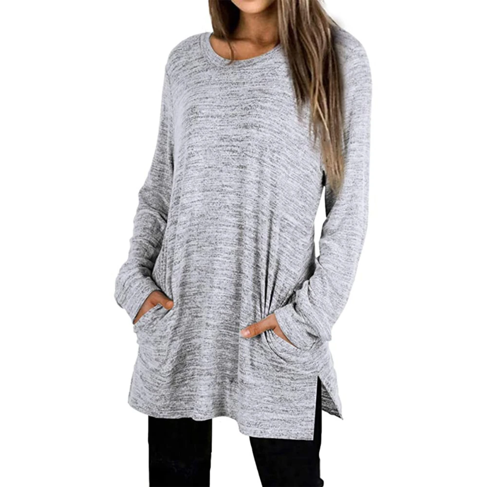 Women Pure Color Crewneck Tops Loose Casual Long Sleeve Side Split Shirt with Pocket for Daily Life Work Light Grey S