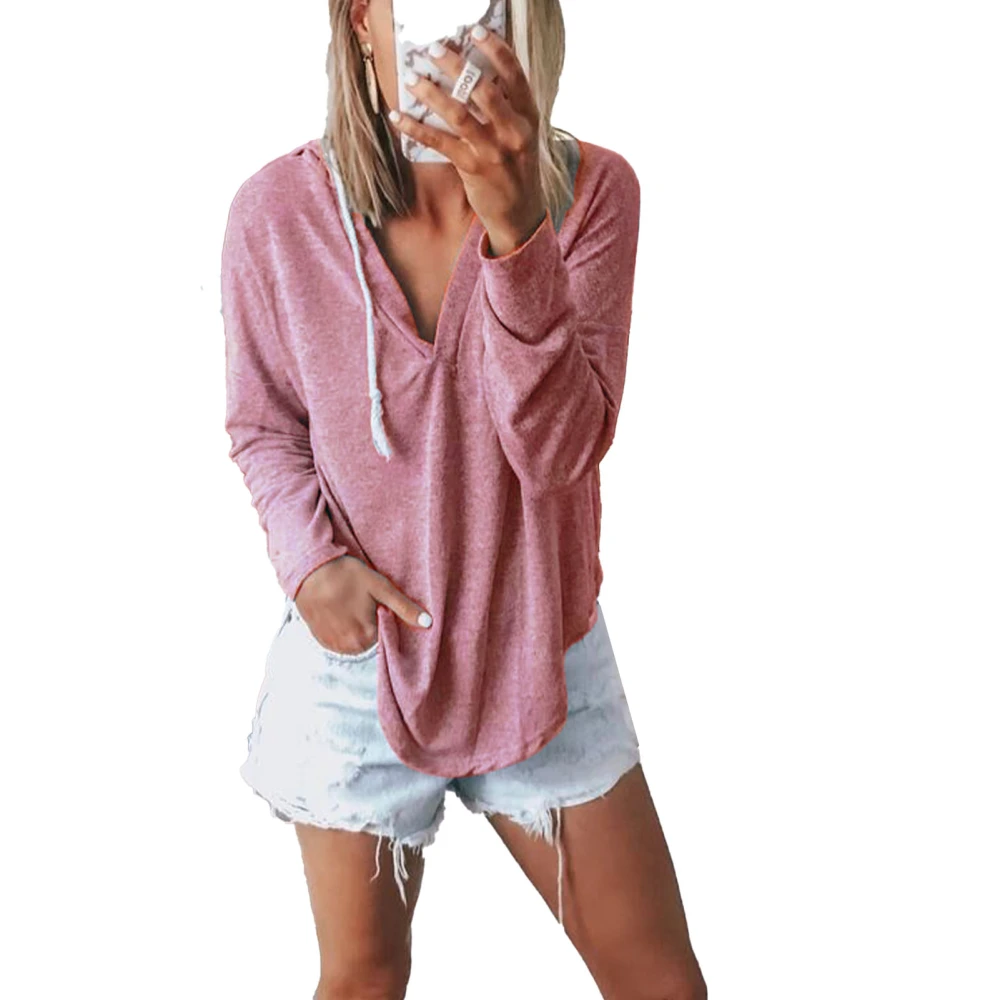 Long Sleeve Hooded Top V Neck Drawstring Lightweight Hoodie Casual Leisure Pullover for Women Pink XXL