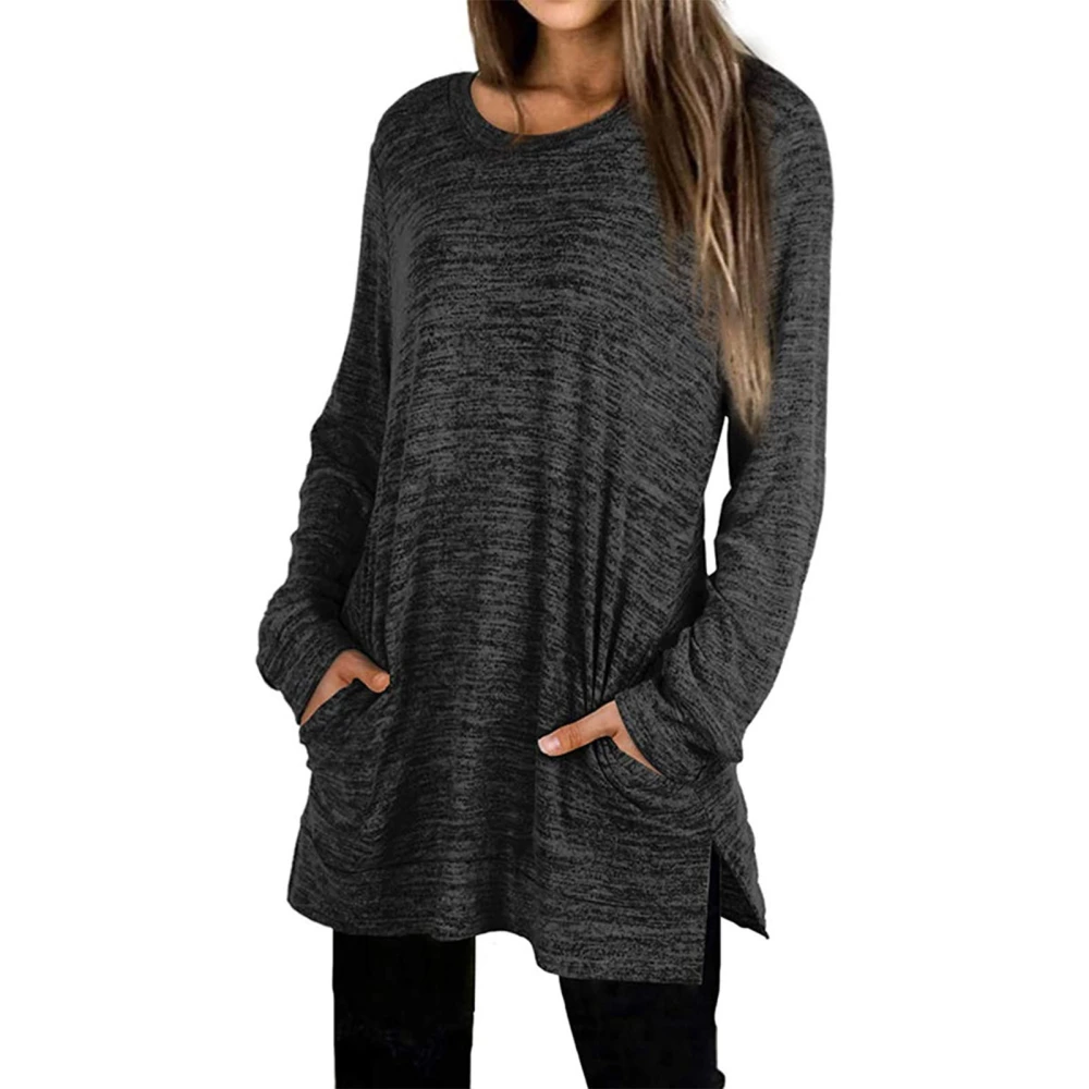 Women Pure Color Crewneck Tops Loose Casual Long Sleeve Side Split Shirt with Pocket for Daily Life Work Dark Grey XXL