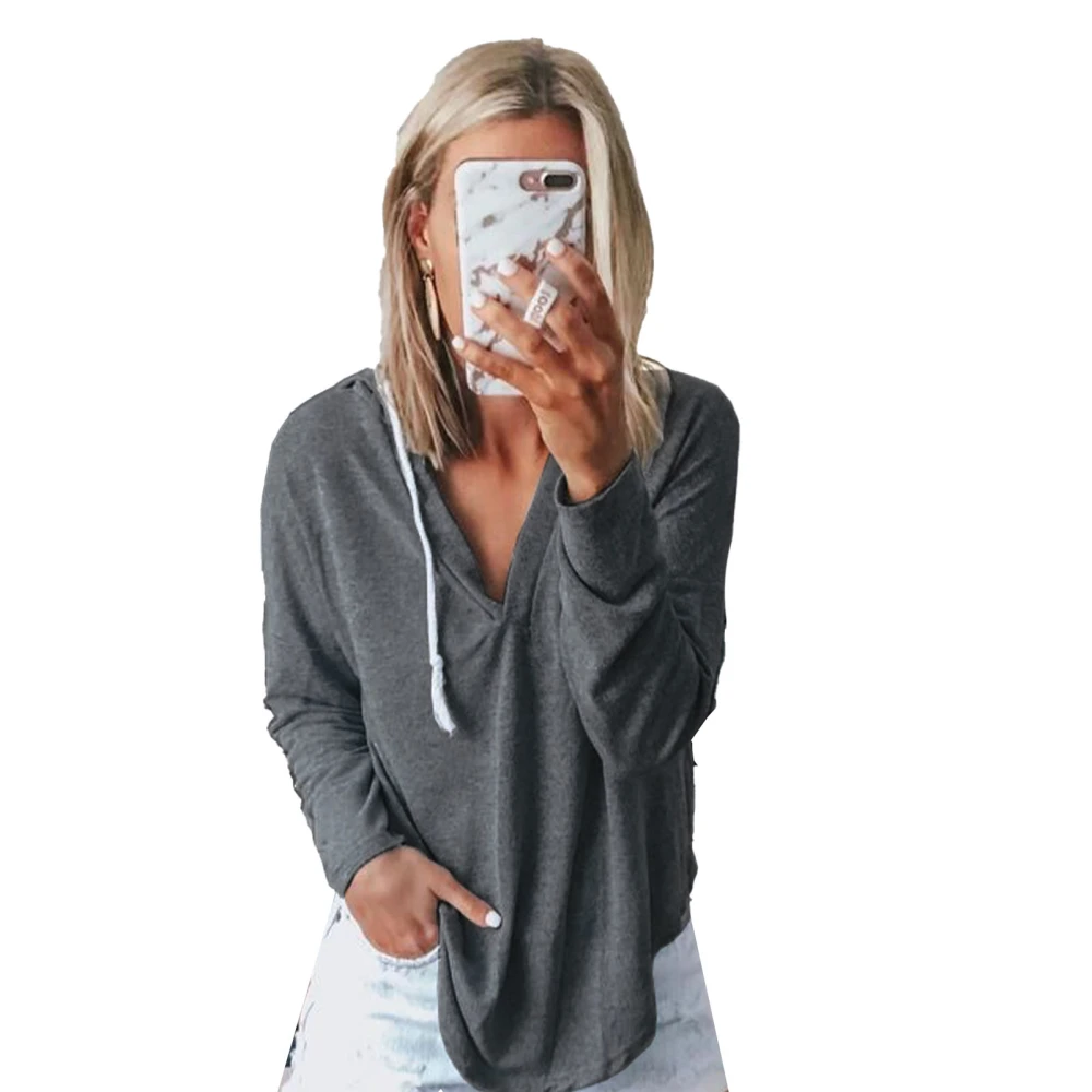 Long Sleeve Hooded Top V Neck Drawstring Lightweight Hoodie Casual Leisure Pullover for Women Dark Gray M