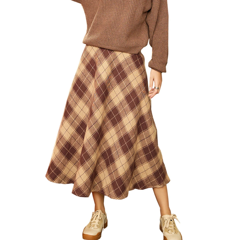 Plaid A Line Long Skirt High Waist Elastic Side Pocket Thick Women Skirt for Autumn Winter Khaki XL