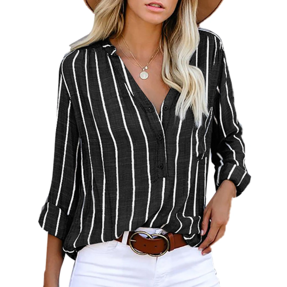 Long Sleeve Striped Blouse V Neck Button Down Loose Fit Women Casual Shirt for Daily Work Shopping Black M