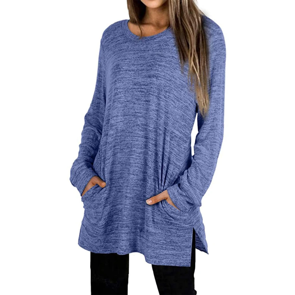 Women Pure Color Crewneck Tops Loose Casual Long Sleeve Side Split Shirt with Pocket for Daily Life Work Blue M