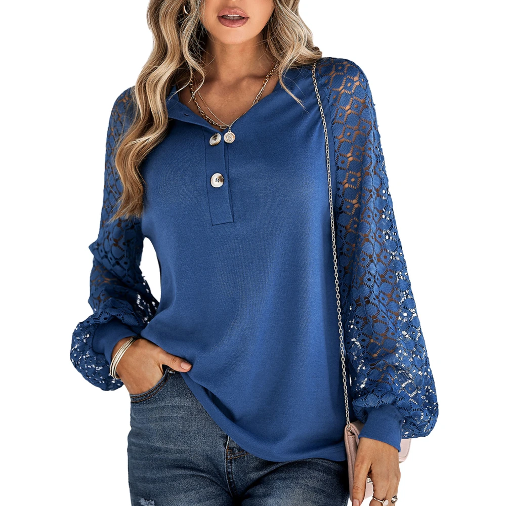 Lace Splicing Shirt Long Sleeve Lantern Tops with Button Hollow Out Elegant Loose Pullover Dark Blue L