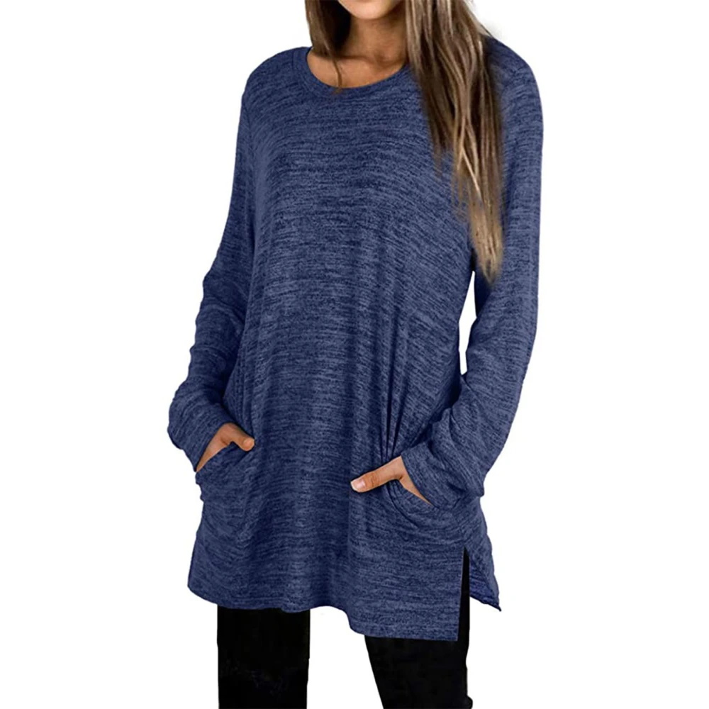 Women Pure Color Crewneck Tops Loose Casual Long Sleeve Side Split Shirt with Pocket for Daily Life Work Dark Blue XXL