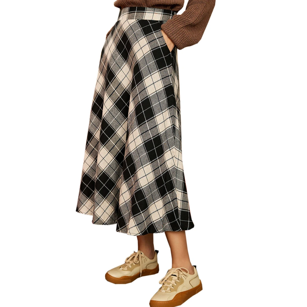 Plaid A Line Long Skirt High Waist Elastic Side Pocket Thick Women Skirt for Autumn Winter Black XL