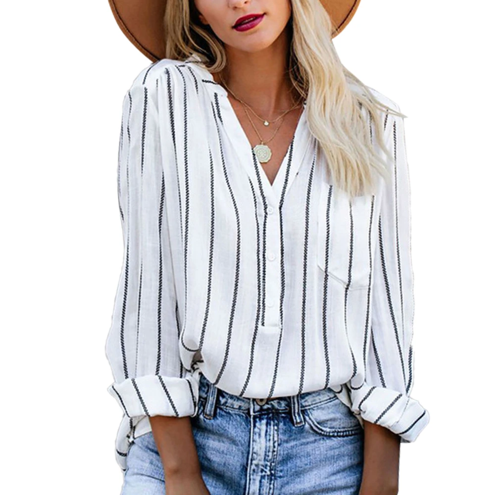 Long Sleeve Striped Blouse V Neck Button Down Loose Fit Women Casual Shirt for Daily Work Shopping White XXL