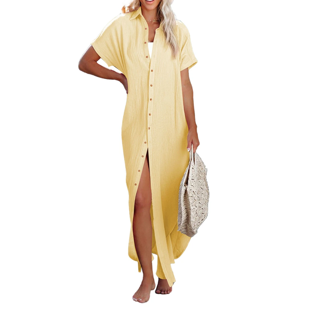 Beach Sun Protection Suit Loose Women Bikini Cover Up Short Sleeve Long Hem Sun Clothing Yellow XL