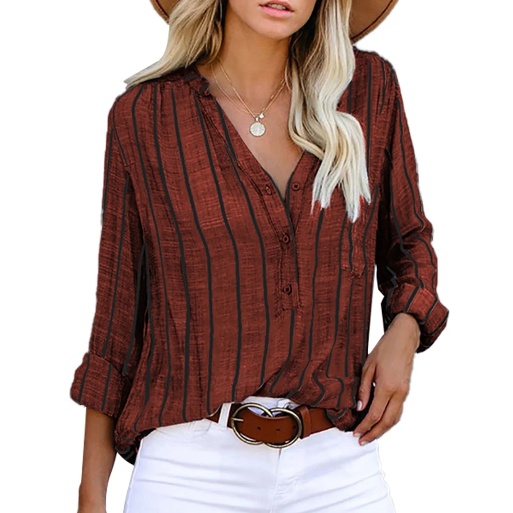 Long Sleeve Striped Blouse V Neck Button Down Loose Fit Women Casual Shirt for Daily Work Shopping Brown M