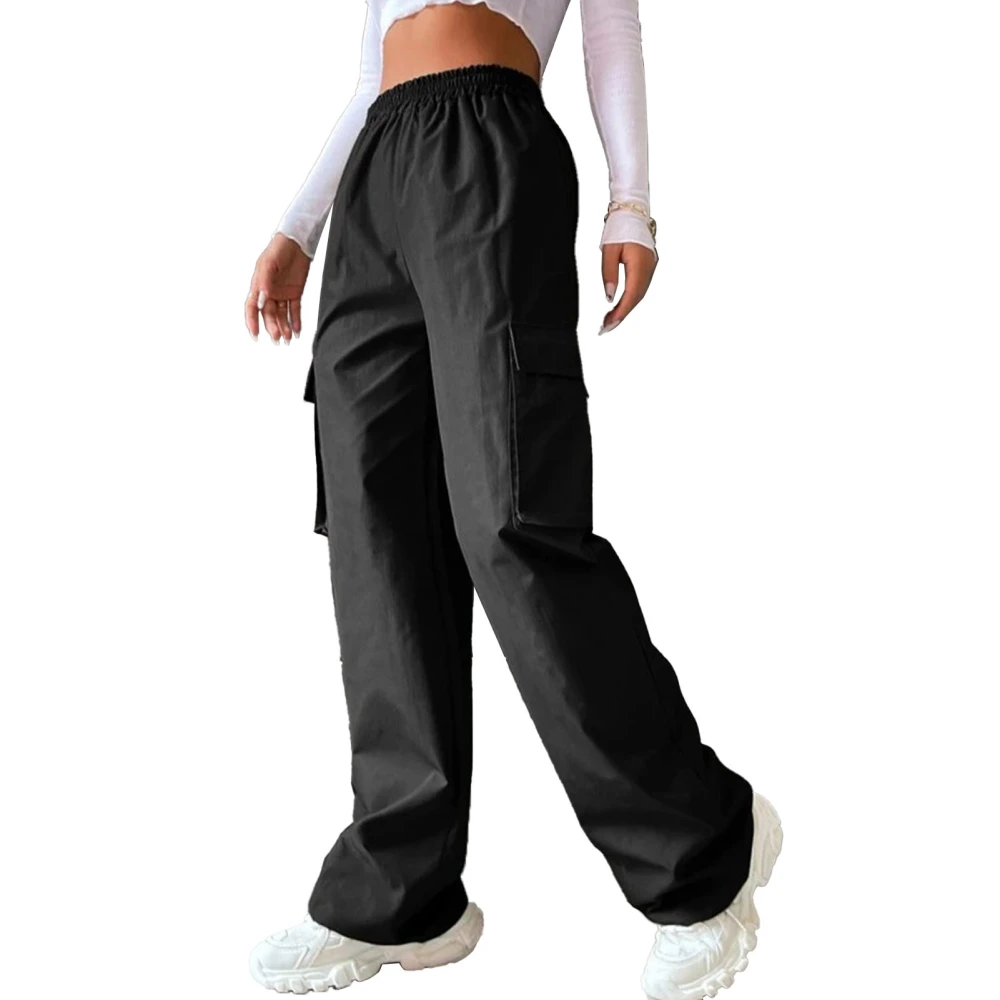 Women Trousers Polyester Fiber Pure Color High Waist Two Pockets Female Long Cargo Pants for Daily Travel Black M