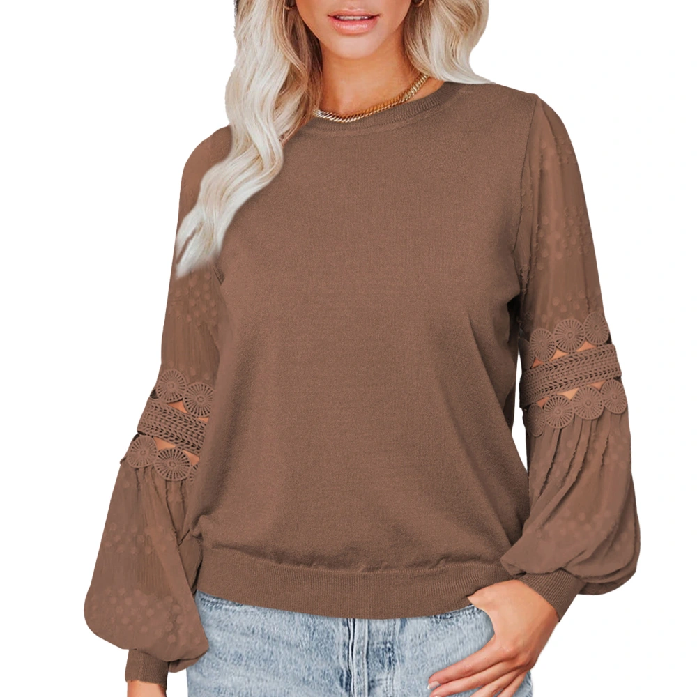 Women Long Sleeve T Shirt Round Neck Pullover Top Lantern Sleeve Ladies Casual Loose Top Coffee XL