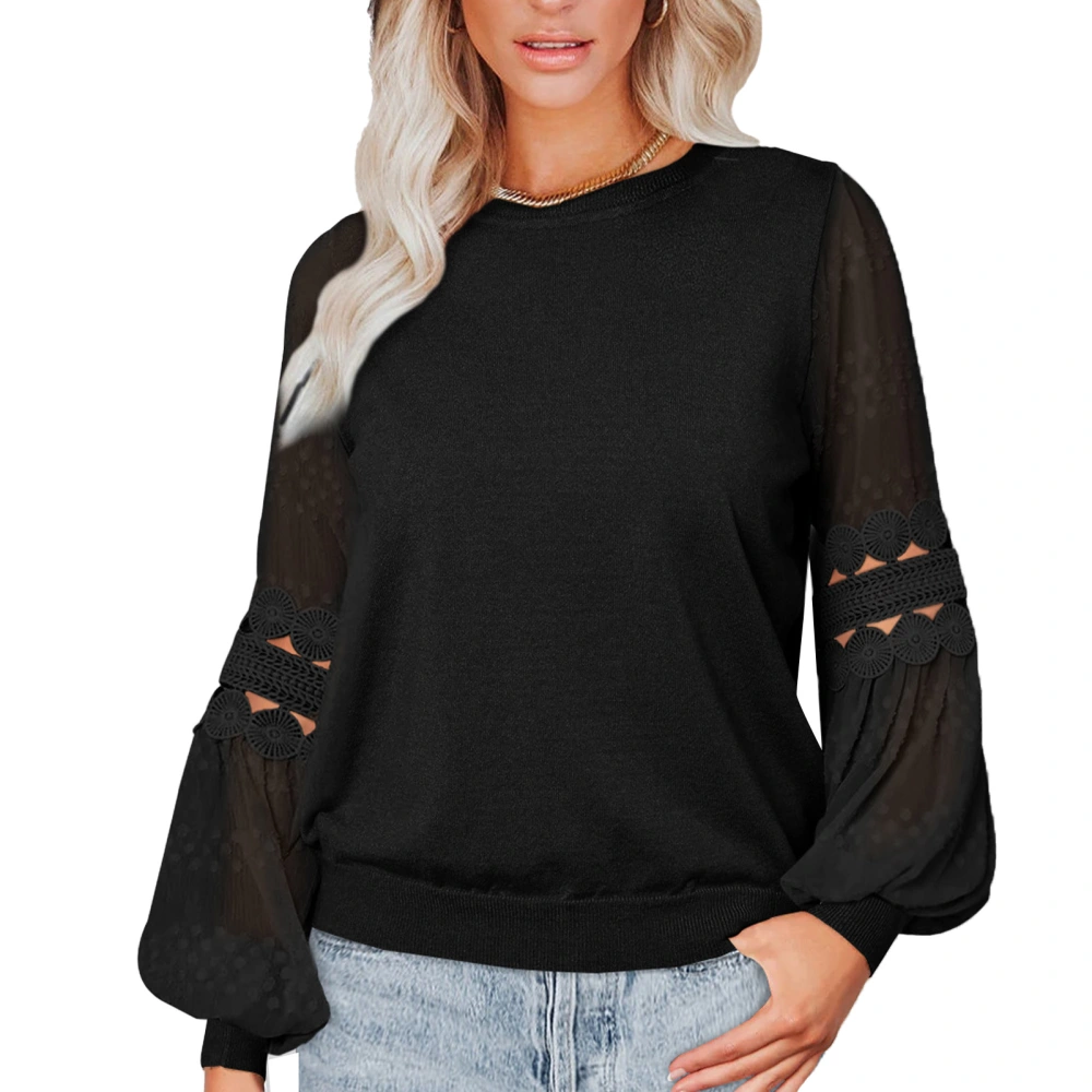 Women Long Sleeve T Shirt Round Neck Pullover Top Lantern Sleeve Ladies Casual Loose Top Black S